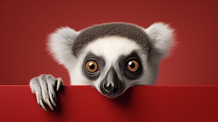 Naklejka premium A playful lemur with big eyes curiously peeks over a bright colored edge, Ai Generated