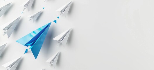 Blue paper airplane leading the way, surrounded by many white paperships with one flying out of shape on a pure white background.