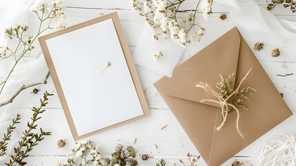 realistic, boho-style birthday stationery composition captured in HD. The setup includes a blank greeting card, a floral invitation, a brown envelope tied with twine,  - Powered by Adobe