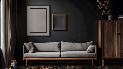 Serene living room with a low, minimalist mid-century sofa beside a sleek wooden cabinet, with a dark wall featuring elegant poster frames.