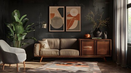 Warm-toned living room with a mid-century modern sofa beside a textured wooden cabinet, backed by a dark wall featuring striking poster frames.