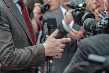 Closeup of hands in suit and red tie talking to microphones, being interviewed by cameras at press conference for politician's public speech.