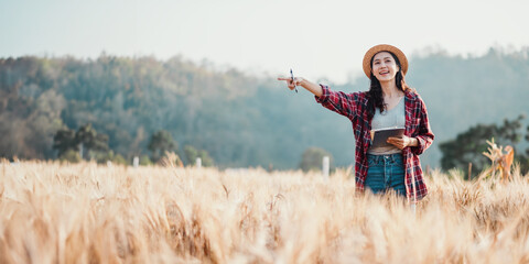 Woman in a straw hat and plaid shirt pointing while holding a tablet in a golden wheat field.