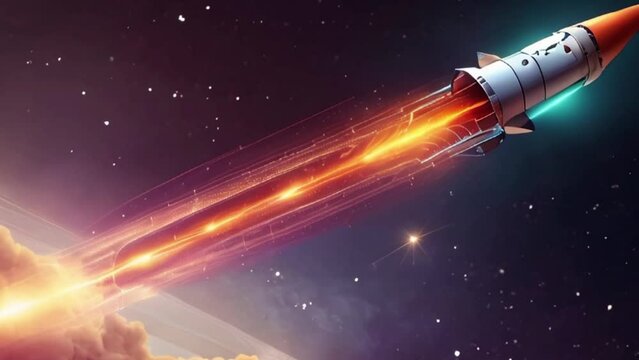 Flying rocket with planets in space nebule Start Up