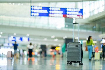 Travel, The suitcases in an empty airport hall, traveler cases in the departure airport terminal...