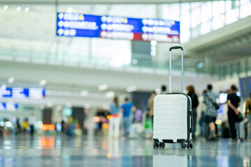 Travel, The suitcases in an empty airport hall, traveler cases in the departure airport terminal...