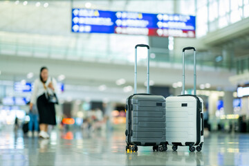 Travel, Two suitcases in an empty airport hall, traveler cases in the departure airport terminal...
