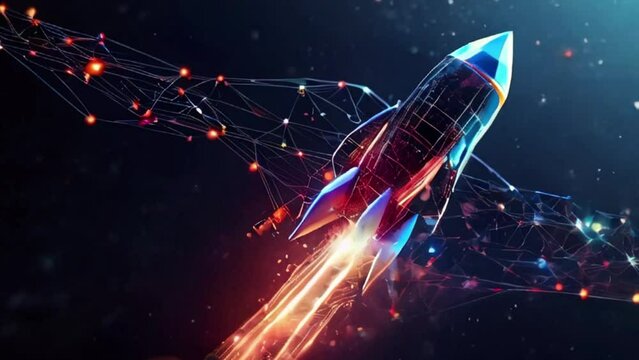 Flying rocket with planets in space nebule Start Up