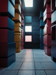 Colorful wooden cubes on a dark background. Colorful cubes on the floor in the room. copy space for...