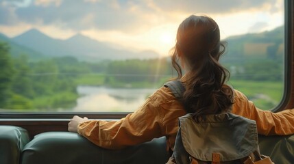 A person riding a train and admiring the scenic countryside passing by the window