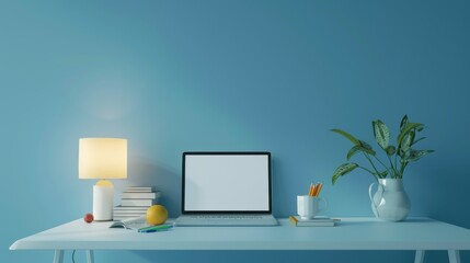 Minimalist plain blue background for product photography with just one object as the highlight, white desk and table lamp.