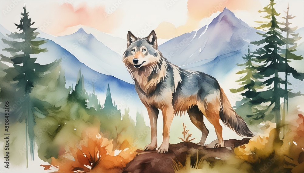 Wall mural a wolf in nature in watercolor art style