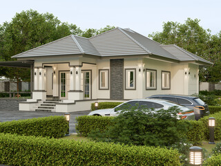 3D Rendering One story contemporary house of Thai style with parking and natural scenery background.