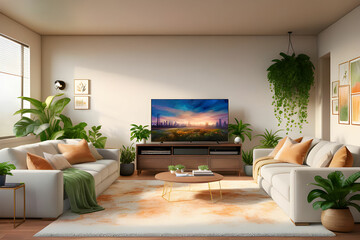 Cozy interior of living room with TV on wall