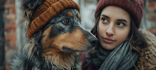 Close-up of a heartfelt moment between a young woman and her dog, showcasing deep affection and companionship in winter.