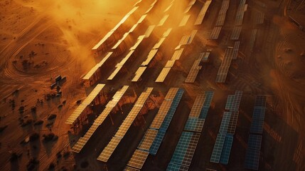 Harvesting Sunlight: Aerial View of Solar Panel Park in the Desert