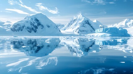 Obraz premium Antarctica with icebergs and snowcovered mountains, reflections in the water, light blue color theme.