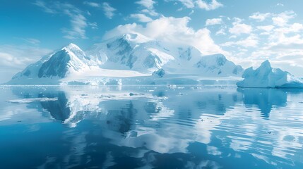 Antarctica with icebergs and snowcovered mountains, reflections in the water, light blue color theme.