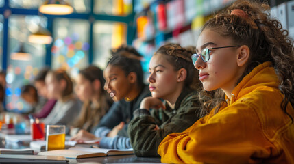 Obraz premium Young students of diverse ethnicities listen attentively in a colorful classroom setting.