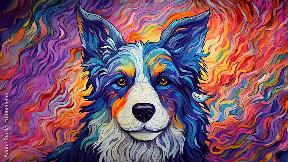 Wall mural tricolor border collie against rainbow squiggle background wallpaper