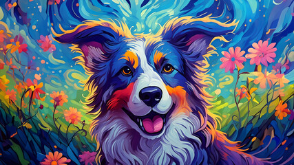 pretty border collie colorful painting with flowers wallpaper background