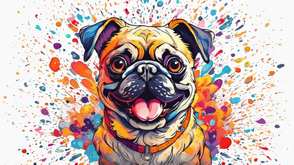 pug with colorful rainbow  paint explosion wallpaper pattern