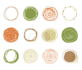 Set of hand drawn scribble circles in modern earthy colors. Circular design elements on transparent background.