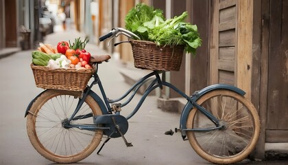 A vintage bicycle with a wicker basket filled with upscaled 3