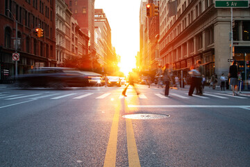 Crowds of people and cars in motion through the busy intersection on 5th Avenue and 23rd Street in New York City with sunlight in background