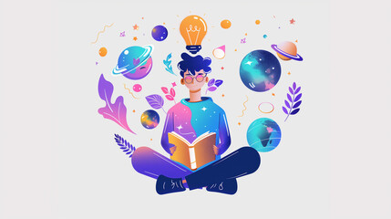 A man is reading a book while sitting on the floor. The book is open to a page with a picture of a planet on it. The man is smiling as he reads. Concept of relaxation and enjoyment