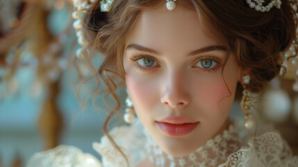 A beautiful woman who looks like a princess in light Victorian clothes. an elegant lady in a lace dress embroidered with pearls.