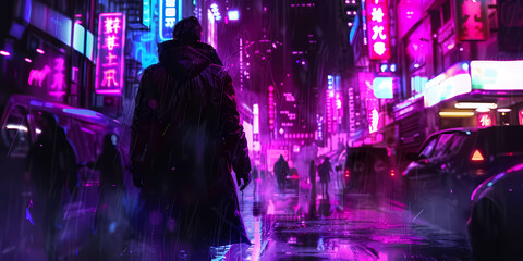 a cyberpunk samurai in the streets at night time