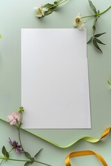 Elegant greeting card invitation isolated empty space beautified with ribbon and flower decoration