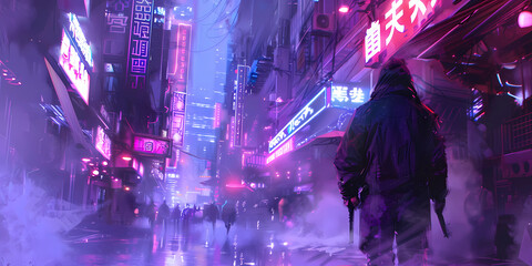 a cyberpunk samurai in the streets at night time