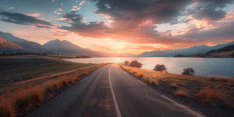 Asphalt road and lake at sunset,  sunset over the road, Asphalt highway with lake at sunset, empty road 