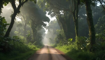 A jungle road bordered by thick vegetation and tow