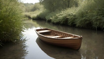A wooden rowboat drifting lazily down a gentle cre upscaled 4