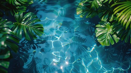 Water surface with tropical leaf shadow