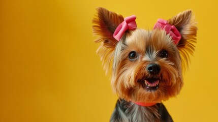 A small dog with a red collar is smiling at the camera