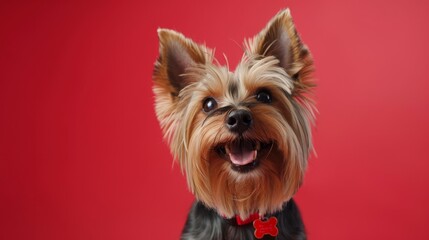 A small dog with a red collar is smiling at the camera