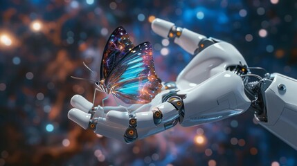 A robotic hand holding a butterfly with galaxy background