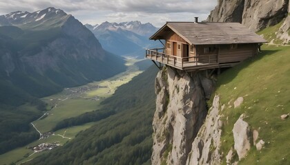 A mountain hut perched on a cliff overlooking a va