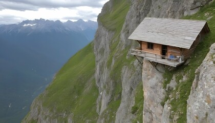 A mountain hut perched on a cliff overlooking a va upscaled 7