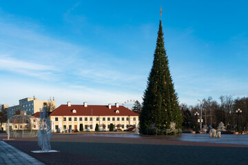 View of the Christmas tree decorating the central square of the city - Lenin Square on a sunny day, Grodno, Belarus