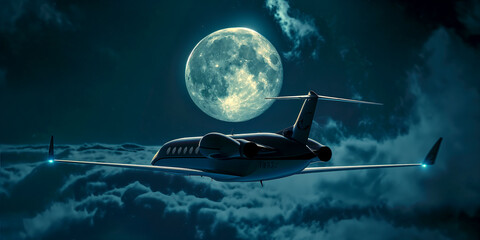  An airplane flying across  full Moon in the night    