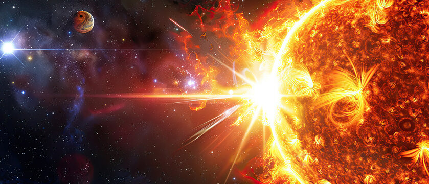 Vivid sci-fi depiction of the sun emitting massive solar flares and coronal ejections against a backdrop of deep space, stars, and planets.