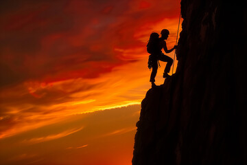 silhouette of a person climbing a mountain. outdoors sports