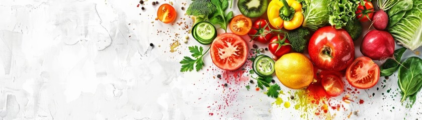 A variety of fresh vegetables are arranged on a white background