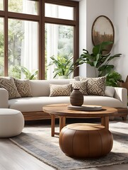  Boho interior design of modern living room, home. Wooden round coffee table with clay vase on it near white sofa with brown pillows. 