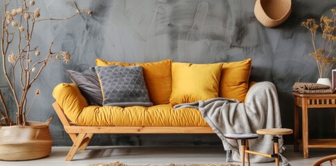 Yellow sofa with grey pillows and blanket against gray wall in living room interior with wooden sideboard